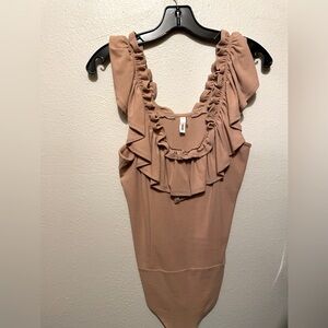 Glam Brand Tan Sleeveless Bodysuit with Ruffle. Size L